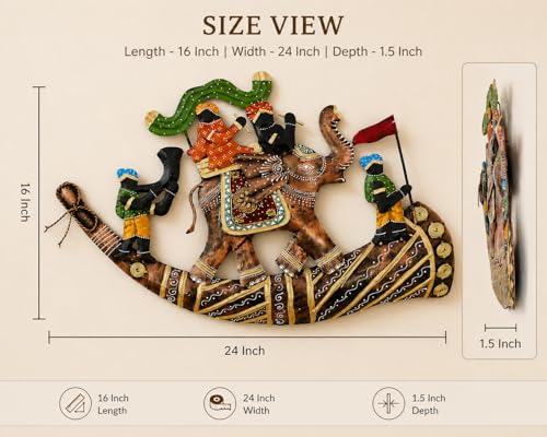 Image of iHandikart Handmade Metal Wall Art for Home Decor | 24 x 16 Inch Rajasthani Elephant Ride Wall Sculpture | Traditional Indian Iron Wall Hanging Artwork for Living Room, Bedroom, Hallway & Entryway