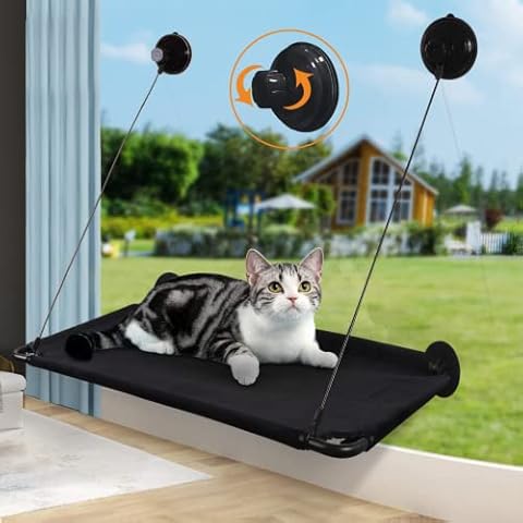 Cat Window Perch Window Bed Perch Hammock Seat Kitty Sunny Seat Durable Big Pet Perch with Upgraded Warm Cotton 2021 Latest Screw Suction Cups can Holds Huge Cats Easy Set up (L-Metal Frame, Black) Cover