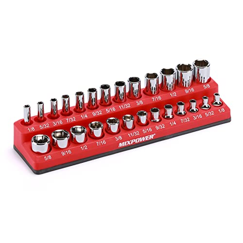 Mixpower 1/4" Sae Magnetic Socket Organizer, Holds 13 Piece Shallow Socket And 13 Piece Deep Sockets, Total 26 Slot, Red, Sae, Magnetic, Heavey Duty #TOP11