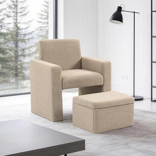 Culect Accent Chair with Storage Ottoman, Modern Vanity Chair Upholstered Linen, Hideaway Footstool with Large Hidden Compartment, Space-Saving Set for Living Room, Bedroom, Small Apartment, Brown