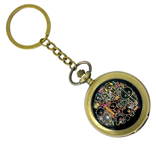 Image of AUGEN Premium Pocket Watch Metal Keychain Bt21 Bangtan Boys BTS - 4 Retro Vintage For Gifting With Key Ring Anti-Rust (Pack Of 1),Multicolor