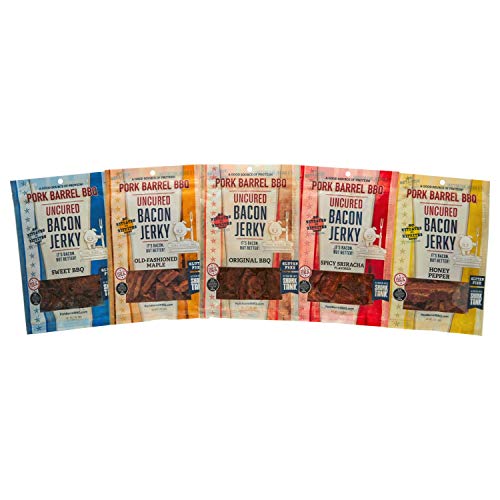 Pork Barrel BBQ Piglet Sampler Pack: 1 Bag each 2 oz flavor - BBQ Spicy Sriracha, BBQ Old-Fashioned Maple, BBQ Honey Pepper, BBQ Original, Sweet BBQ