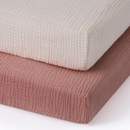 Image of Blissful Diary Muslin Mini Crib Sheets, Pack and Play Mattress Sheets Fitted for Pack N Play, Soft Cotton for Boys Girls, 2 Pack(Dusty Pink&Cream)