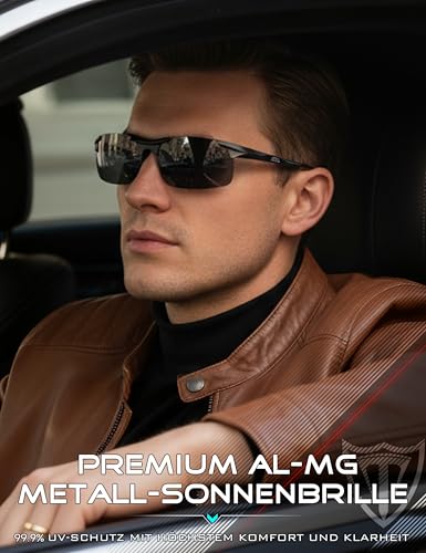 ATTCL Sonnenbrille Herren Polarisiert Für Sport: UV Schutz Leicht Wrap-Around AL-MG Rahmen Verspiegelt Autofahren Angeln Golf 8-177 Schwarz Grau