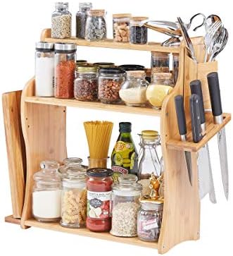 Spice Rack Bottle Jars Holder Kitchen Bathroom Countertop Storage Organizer Free Standing Bamboo with Holder & Chopping…
