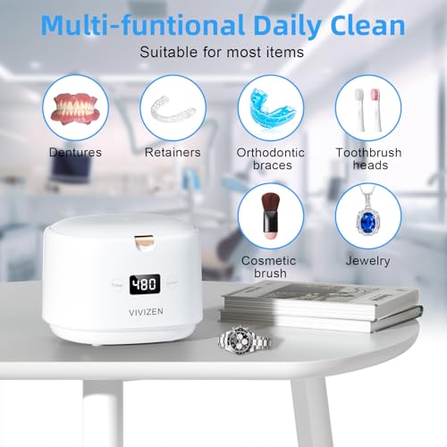 Ultrasonic Retainer Cleaner, Sonic Dental Cleaning Pod, Portable 30W/45kHz Machine for Dentures, Aligners, Braces, Mouth Guards, Jewelry (White)