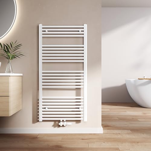 EMKE Badheizkörper Gerade 1200x600 mm - Handtuchheizkörper mit Mittelanschluss, Effizienter Handtuchwärmer Handtuchtrockner Heizkörper für Bad, Weiß, 598W