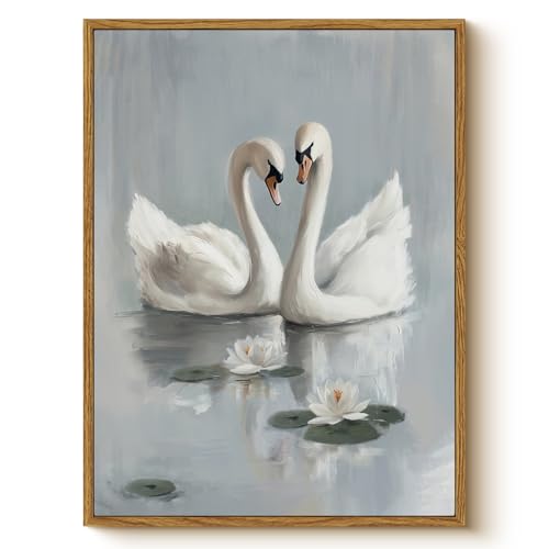 Vintage Romantic Swan Couple Framed Wall Art 12x16 Canvas Print, Two White Swans on Serene Lake with Water Lilies, Rustic Animal Bird Nature Painting Bedroom Hallway Wedding Decor