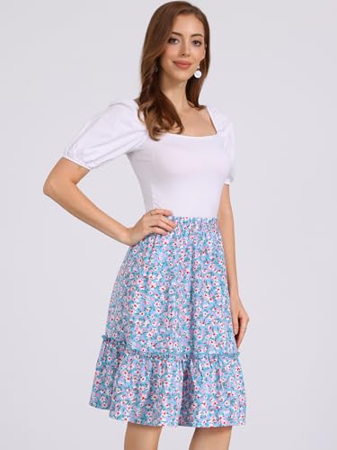 Allegra K Women's Knee Length Skirt Floral Elastic Waist Flowy Tiered A-Line Ruffle Skirt2