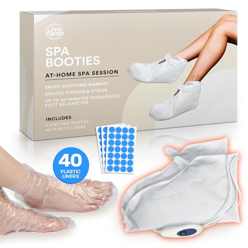 LivaClean Premium Heated Booties (1 Pair) & 40 PCS Plastic Liner/Covers - Foot Warmers for Spa Treatments, Warming Booties, Dual Temperature Settings, Feet Warming Boots, Foot Heating Pad.
