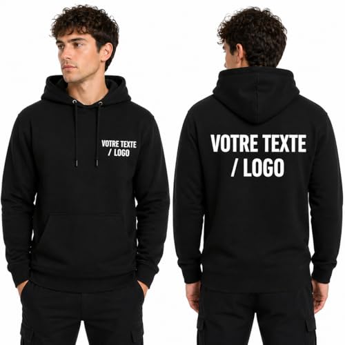 Canicaprice Sweat à Capuche Personnalisable Unisexe, Texte ou Logo, Impression DTF Haute Qualité, 260 g/m², XS à 4XL (FR/ES, Alpha/Lettres, 3TG, Taille Normale, Taille Normale, Noir) – vue 2