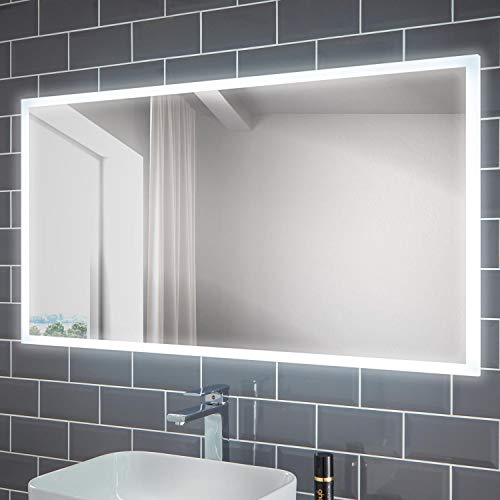 Image of Pebble Grey Illuminated Bathroom Mirror with Lights 1200x600mm IP44 Rated - Diaz LED Bathroom Mirror with Shaver Socket, Demister Pad, & Motion Sensor, Shaver Lights, Wall-Mounted Vanity Mirrors