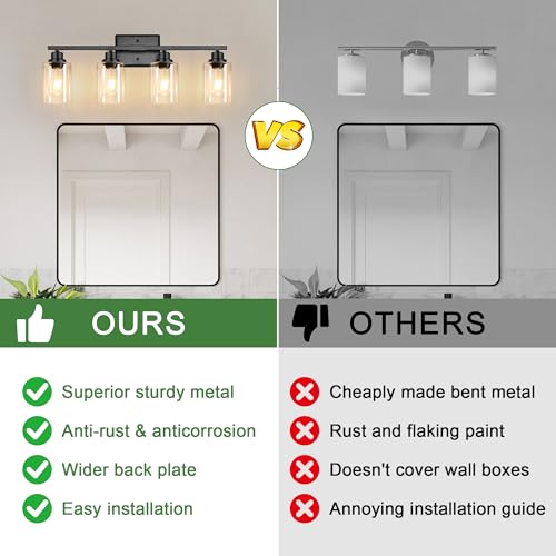 Image of Ascher Bathroom Light Fixtures, 4-Light Vanity Lights with Clear Glass Shade, Modern Black Finish Wall Light for Mirror Bedroom Hallway Cabinet Porch