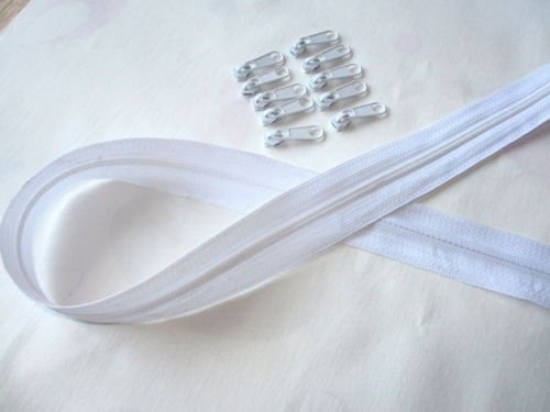 Slantastoffe 10m Reißverschluss endlos, Spirale 3mm + 30 Schieber/Zipper 33 Farben, Meterware (weiß) Cover