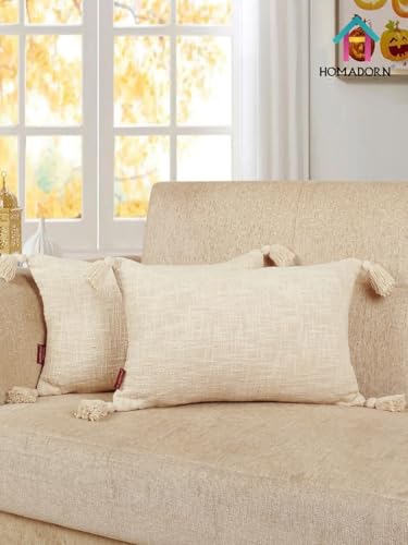Image of HOMADORN Luxury Cotton Handmade Decorative Boho Throw Pillow Covers with Tassels for Sofa Couch Living Room Indoor Outdoor Chair Car Farmhouse (12X20 INCHES (Rectangle), Off White (Pack of 2))