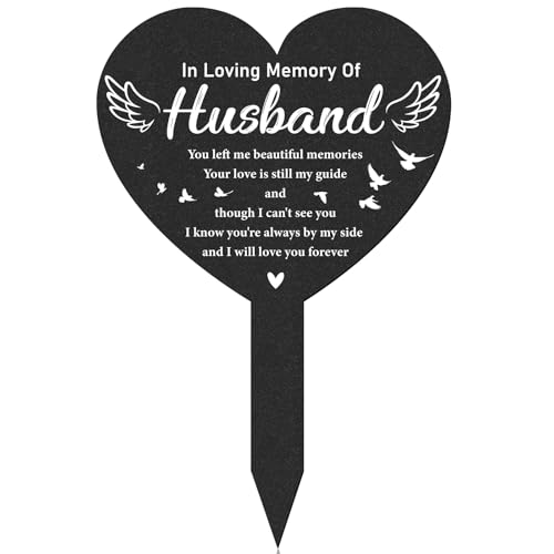 LIRAVENO Husband Memorial Grave Stakes - Black Angel Cemetery Markers Decoration for Wife Metal Custom Heart Plaques Decor for Outdoor Graveyard Loss Sympathy Yard Garden Signs Remembrance Loved Gifts