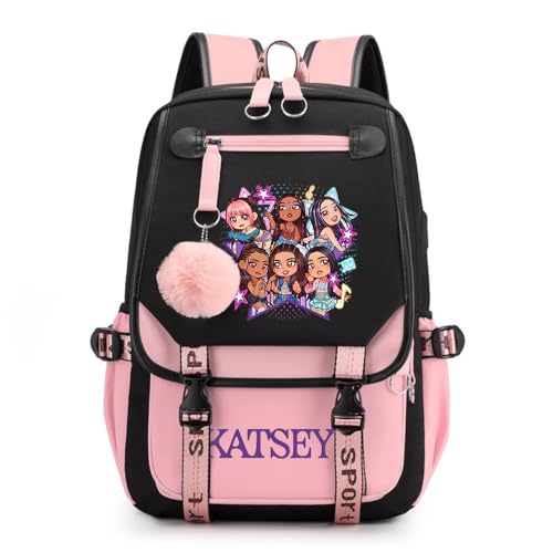 Image of Nhemeylp Kpop Pink Black Backpack for School, Large K pop Rucksack with USB and Audio Cable, Lightweight Casual School Bag for Vacation Travel, Kpop Backpack for Girls Boys Fans, B