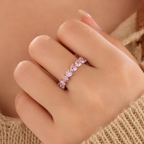 Dainty Pink Heart Rings for Women 925 Sterling Silver Promise Rings for Her Cubic Zirconia Eternity Engagement Wedding Band Purity Ring Mother Daughter Friendship Ring Birthday Christmas Gifts3
