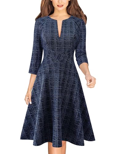 Image of VFSHOW Womens Work Business Front Zipper A-Line Dresses 3 /4 Sleeve Office Church Fit and Flare Skater Swing Knee Length Dress