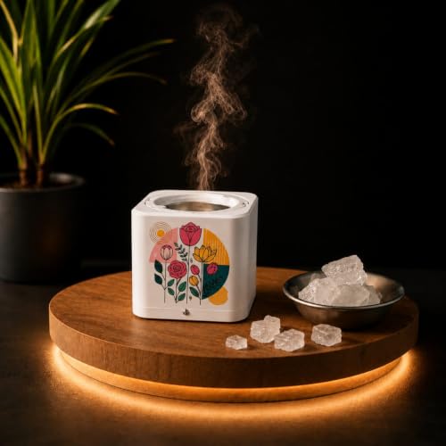 Image of Shivansh Technology Incense Holder Electric Kapoor Dani Camphor Diffuser Burner for Home | Karpuram Bakhoor Oud Aroma Oil & Dhoop Machine | Essential Oil Diffuser for Home (White) (Floral Geometry)