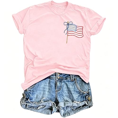American Flag Shirt Women Coquette Bow American Flag 4th of July Tee Tops
