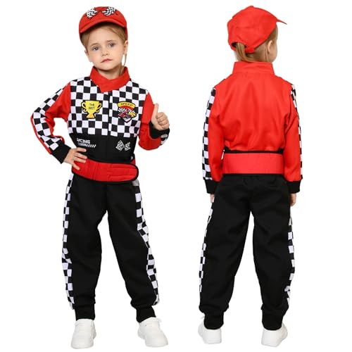 Latocos Kids Race Car Driver Costume Boys Girls Racer Jumpsuit With Car Cap Sunglasses Kids Dress Up Role Play for Halloween