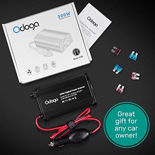 Odoga 300W Car Power Inverter 12V to 240V / 230V Converter, Dual USB 4.8A Charging Ports - Charge Your Laptop, iPad, iPhone, Tablet, Consoles & More - Durable and Powerful - Black Aluminum Body
