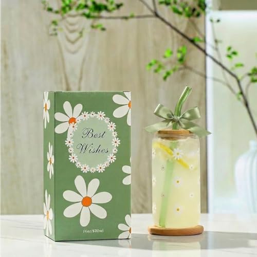 KMCCUMBER Cute Glass Matcha Cup with Lids and Straws, Teen Girl Birthday Gifts Daisy Iced Coffee Cups, Sage Green Aesthetic Mug Tumbler for Mothers Day Christmas Valentines Coffee Lover 16oz — view 2