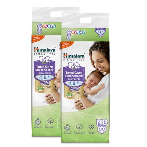 Image of Himalaya Total Care Super Absorb Baby Pants Diaper | Size NB /XS (New Born) 180 Count | Pack of 2 | Up to 5 kg | Breathable & Rapid Zig Zag Absorption | Keeps Skin Calm & Rash Free