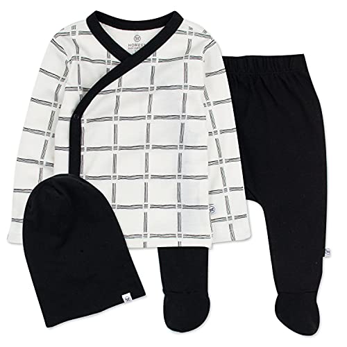 HonestBaby Baby Boys 3-Piece Organic Cotton Kimono Top, Footed Pant & Beanie Set, Sketchy Grid Snow White Black, Newborn