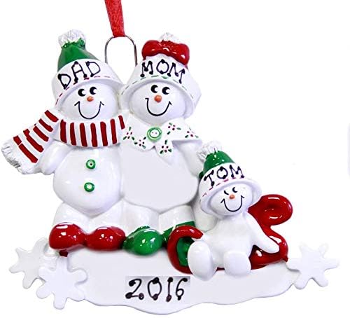 Personalized Family of 3 Snowman on Sled Christmas Ornament 2021