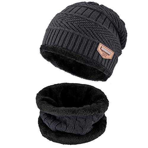 2 PCS Winter Beanie Hat Scarf Set Warm Knit Hat Thick Fleece Lined Winter Hat & Scarf for Men Women Skull Cap (Grey)