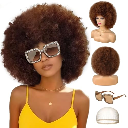 WOKNOW Colored Afro Wigs for Women Men 70s and Disco Sunglasses Set Funny Wig with Curly Bouncy Huge Fluffy Puff and Oversize Retro Rhinestone Sunglasses - for Costume Cosplay Party (Brown)