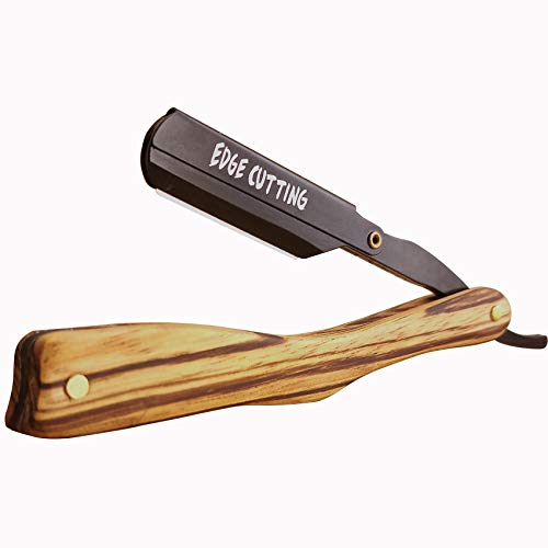 Straight blade razor men's shaving razor with replaceable blades Log handle for salon shop and home use (Black)