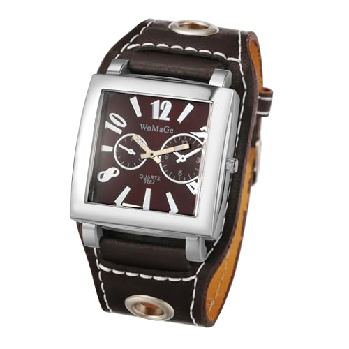 Montre manchette cuir punk à grand cadran carré et bracelet large style vintage
