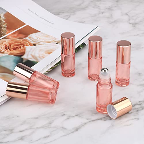 Wresty 1/6 Oz Pink Glass Roller Bottles, 6 Pack 5ml Roll On Bottles With Rose Gold Lids For Essential Oils, Perfume, Cosmetic Liquid - Thumbnail 5