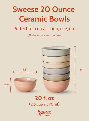 Sweese 20 Oz Porcelain Cereal Bowls - Multicolor Set of 6, Dishwasher Safe, for Soup, Salad, Rice, Kitchen Decor