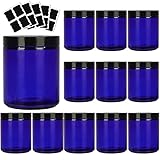 8 oz Blue Round Glass Jars with Plastic Lids,Empty Cosmetic Bottles For Beauty Products, Lotion, Powders and Ointments.Set of 12 Pack.