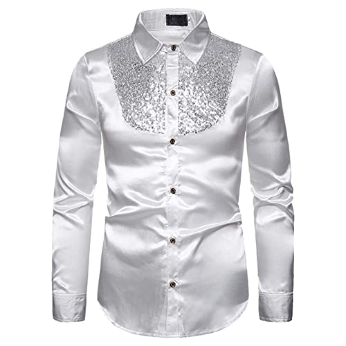 Loalirando Chemise à Paillettes Homme Disco Fête Cérémonie, Chemisier Brillant Boutonné Col à Revers à Manches Longues Slim (Argenté, XL)