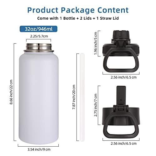 Volhoply 32 Oz Water Bottle With Straw Lid & Spout Lid,Insulated Sports Water Bottle,Double Wall Vacuum Stainless Steel Thermos,Leak Proof Wide Mouth Metal Flask,Keeps Cold Or Hot For Travel(White,1) #TOP3
