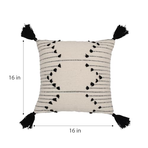 Image of Wakefit Designer Cushion Cover | 16x16 inch| Cotton Fabric on Front & Back | Tassel Drip | Pack of 1 | Off White and Black