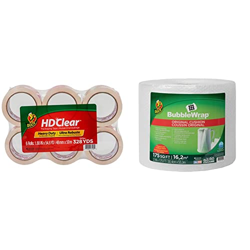 Duck Hd Clear Heavy Duty Packing Tape Refill, 6 Rolls & Duck Brand Bubble Wrap Roll, 12” X 175’, Original Bubble Cushioning For Packing, Shipping, Mailing And Moving, Perforated Every 12” (286891) #TOP13