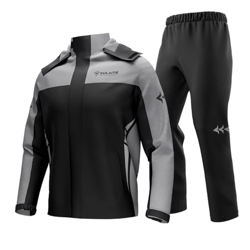 Traje de lluvia para motocicleta para hombres y mujeres, 2 piezas resistente al agua, chaqueta de lluvia y pantalones, impermeable ligero y reflectante con capucha, gris, L