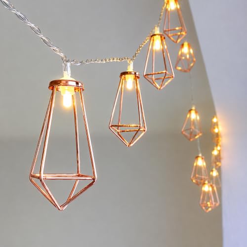 Image of MoonlitDreams 10ft 20 LED Rose Gold Geometric Diamond Fairy String Lights, Metal Water Drop Cage Copper Wire Lights, Battery Operated for Home Decor, Wedding, Christmas & Garden (Pack of 1)