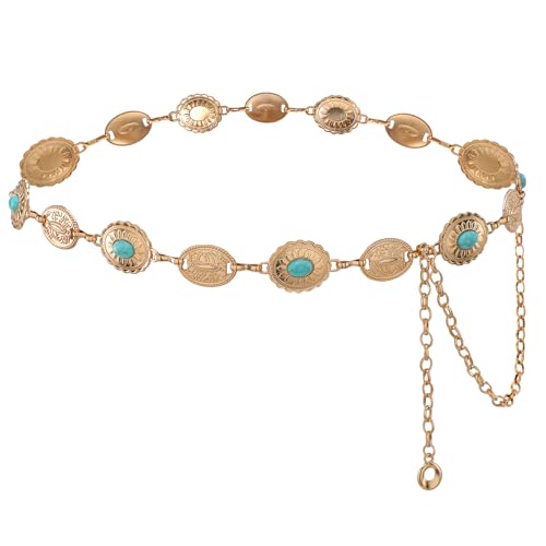Turquoise Concho Chain Belts for Women - Western Cowgirl Boho Metal Chain Belts, Women Concho Links Waist Belt for Dresses