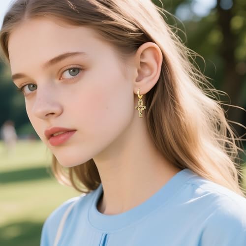 Ankh Dangle Earrings 925 Sterling Silver Gold Eye of Horus Drop Earrings Egyptian Ankh Cross Leverback Birthstone Jewelry Gift for Men2