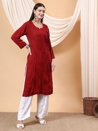 Image of POSHAK CHIKAN STUDIO Women's Hand Embroidered Lucknowi Chikankari Modal Straight Long Kurta, heer