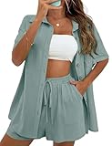 APAFES Women Summer Cotton Linen Short Sets 2 Piece Shorts Top Lounge Beach Vacation Two Piece Outfits Tracksuits