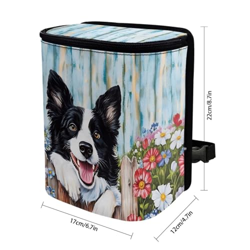 Image of Talayituse Border Collie Daisy Wood Print Car Trash Can with Adjustable Straps, Zip Closure Car Trash Bag Bin Auto Garbage Bag Multipurpose Storage Box for Vehicle Travel Camping Picnicing