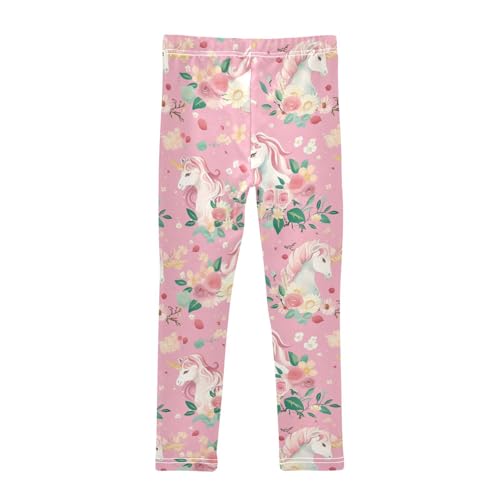 Unicorns Flowers Girls' Leggings Toddler Doodles Pink Flowers Kids Yoga Pants Dance Active Tights 4T2